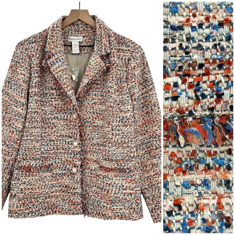 New Draper's & Damon's Confetti Tweed Jacket Colorful Fringe Detail | Size 1X